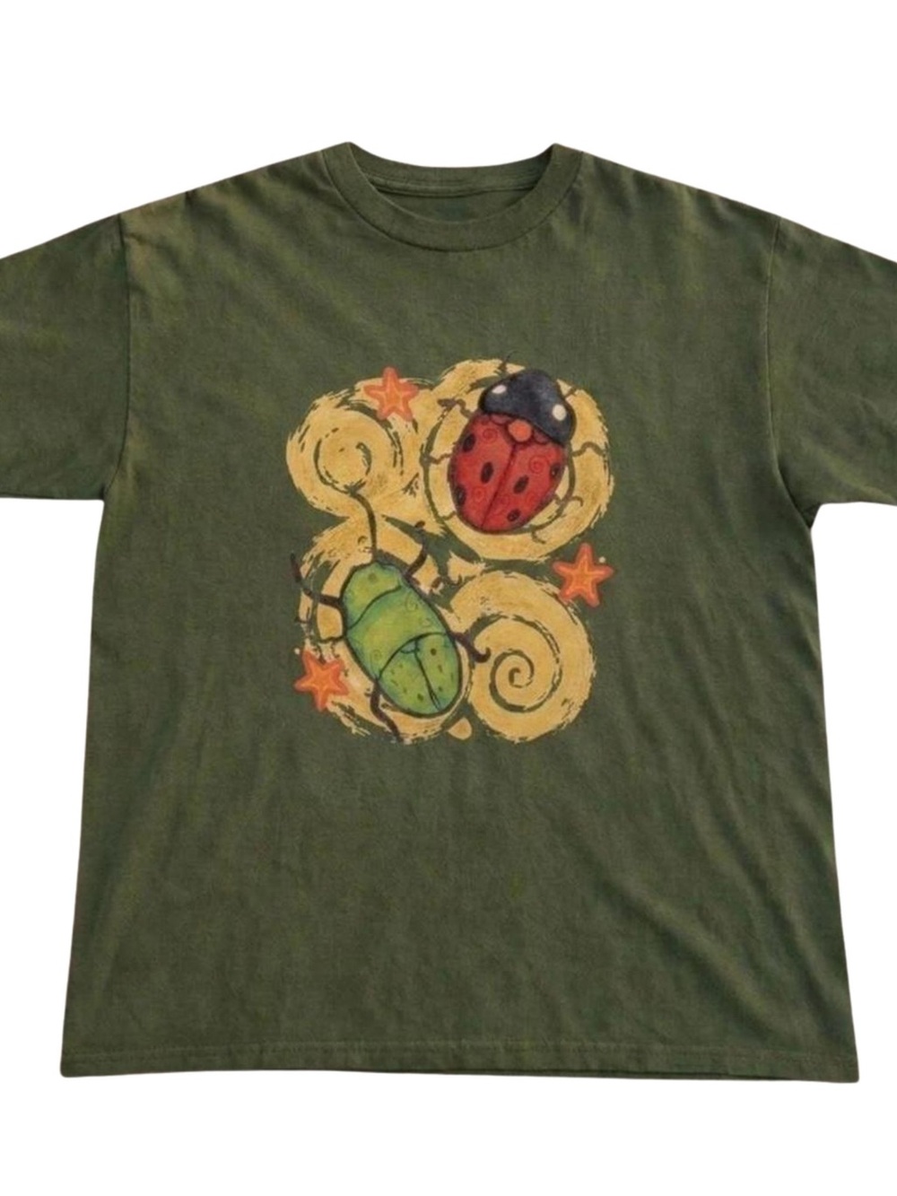 Gildan Olive Green Tee with Colorful Beetle Graphic